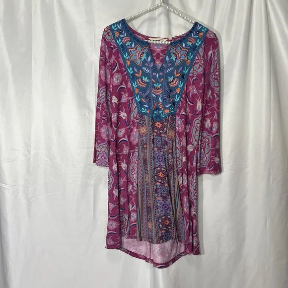 Soft Surroundings Tunic Top Large Pink Blue Floral Paisley Boho Embroidered S - Picture 3 of 14